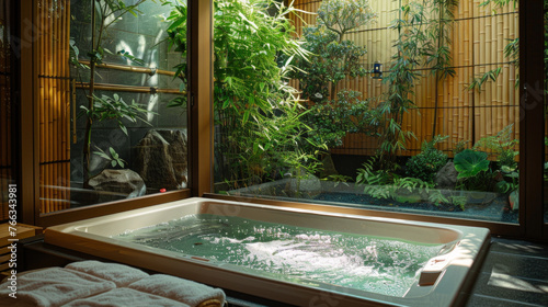 A Japanese-style bathroom with a soaking tub, bamboo accents, and a Zen garden view for a tranquil bathing experience