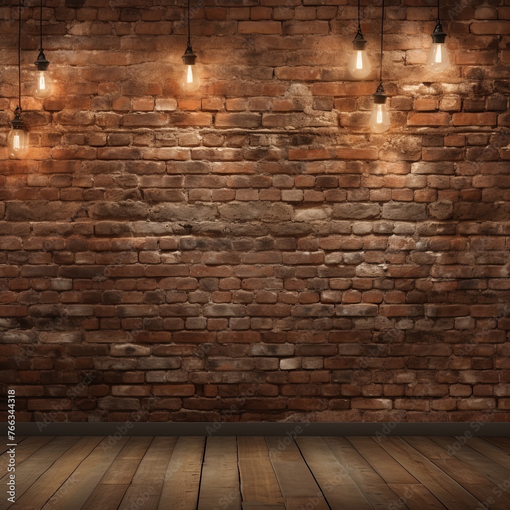 Room with brick wall and beige lights background 