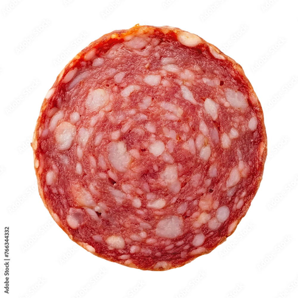 Slice of salami isolated on transparent background. Top view. Slice of salami isolated on transparent background. Top view.