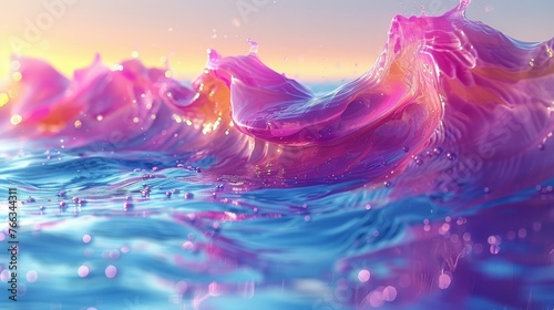  A stunning painting featuring a majestic wave in the ocean, framed by a breathtaking sunset The central focus is a vibrant blend of pink and blue
