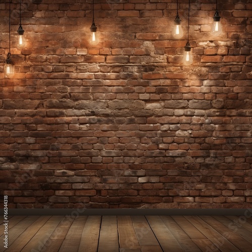 Room with brick wall and beige lights background 