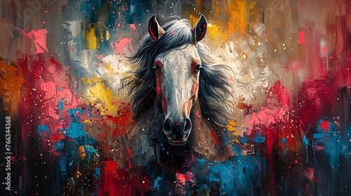  Anime oil painting with abstract art of a horse. Includes paint spots, strokes, knife art on art walls. Mural style wall art