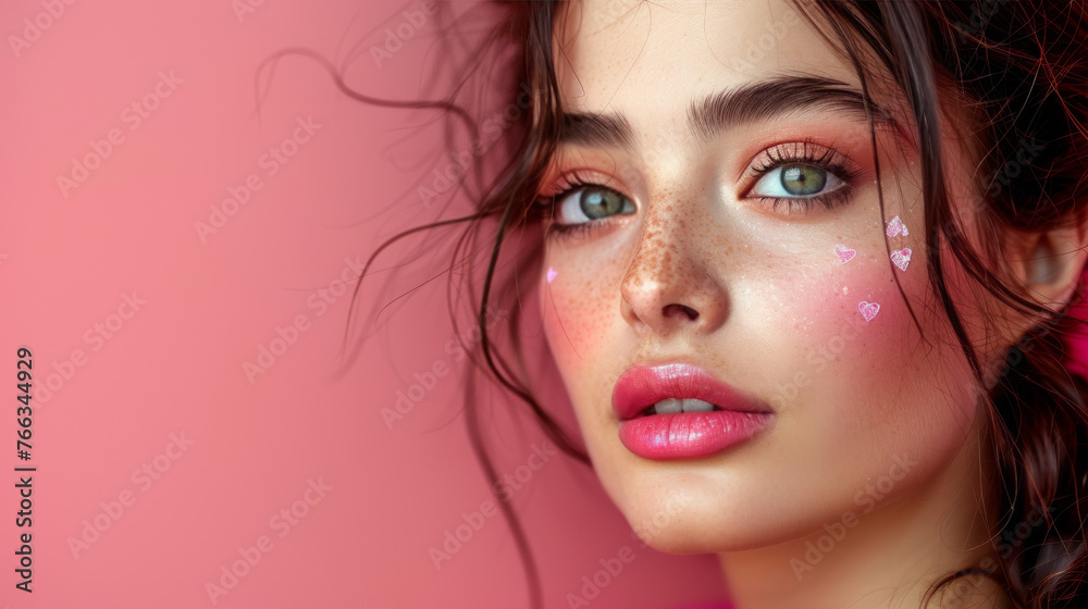 This image highlights a beautiful woman, freckles visible, with heart sparkles and a soft-focus pink backdrop This image highlights a beautiful woman, freckles visible, with heart sparkles and a soft-focus pink backdrop