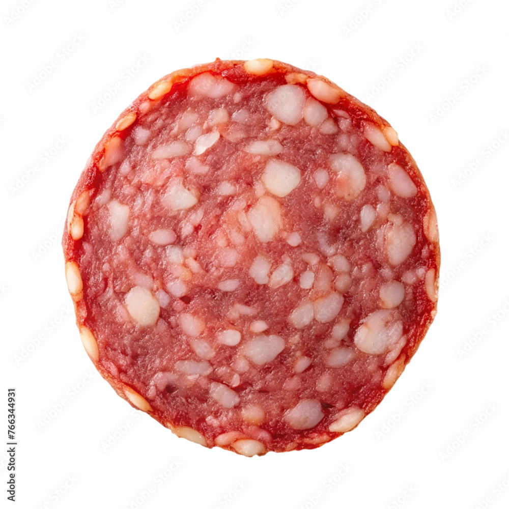 Slice of salami isolated on transparent background. Top view. Slice of salami isolated on transparent background. Top view.