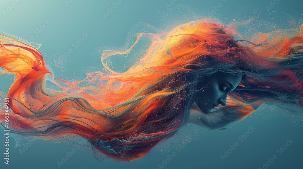  Orange-red haired woman's portrait on blue canvas with hair motion
