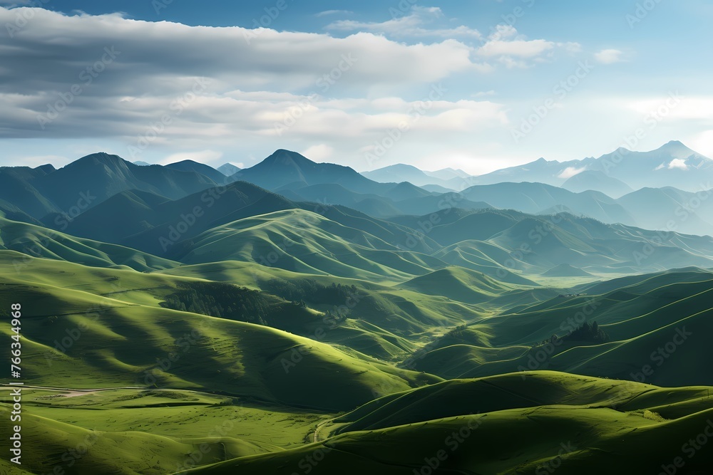 A wide-angle vista showcasing the breathtaking beauty of endless green hills merging with a magnificent mountainous landscape. - obrazy, fototapety, plakaty 