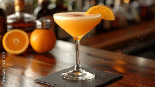  A close-up of a drink on a table, with an orange slice hanging over the side and a bottle of alcohol visible in the background