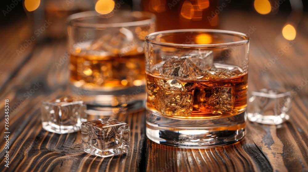  A glass of whiskey with ice cubes on a wooden table, and a bottle of whiskey in the background