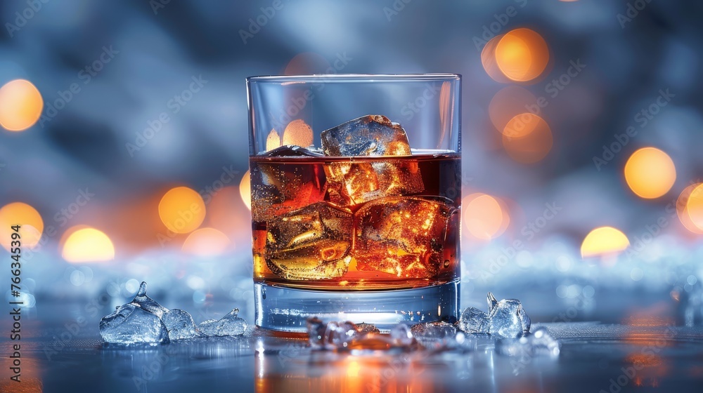   a glass of whiskey with ice cubes on a table, illuminated by focus bokeh lights in the background