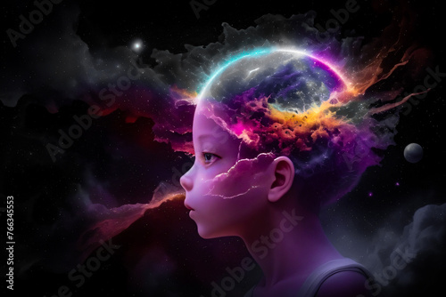 A child's head is surrounded by a colorful cloud of space. The child's eyes are open and staring into the distance. Concept of wonder and curiosity about the universe. Created with generative AI tools