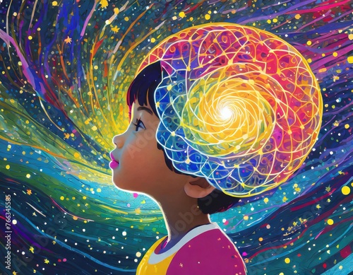 A conceptual representation of children's dreams, fantasies and imagination. Vivid memories and dreams of childhood. The portrait of a child. Vibrant Thinking. Created with generative AI tools.