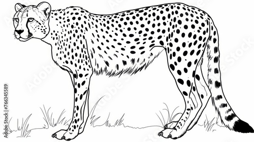  Black and white image of a cheetah facing sideways while standing in grass