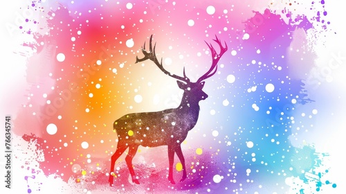  Deer silhouette with colored background & snowflakes