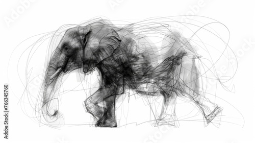  A monochrome image of an elephant bearing tusks on its back