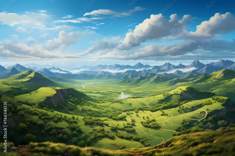 A wide-angle vista capturing the serene beauty of endless green hills merging with a magnificent mountainous landscape.