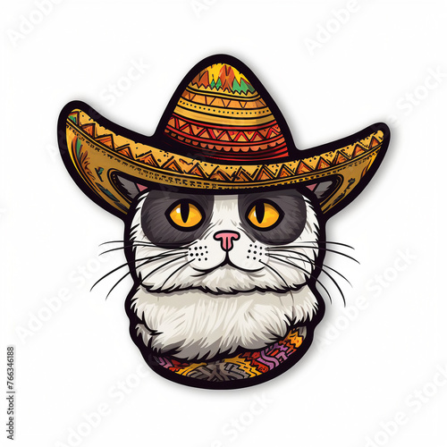 cat in sombrero  sticker on white background