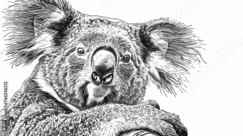  A grayscale illustration of a baby koala with its head resting on the arm of a mature koala