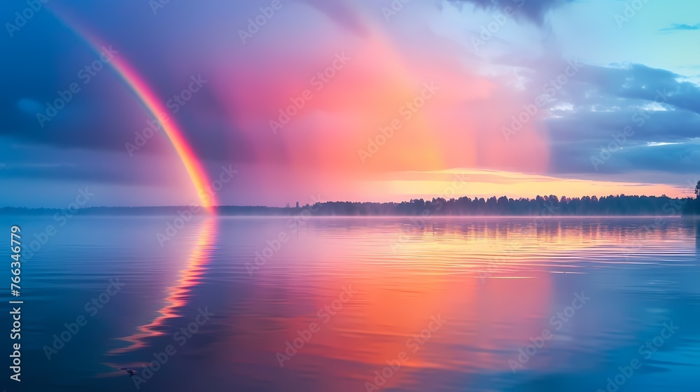 A vibrant rainbow over a calm lake, creating a magical and serene atmosphere in the early morning light.