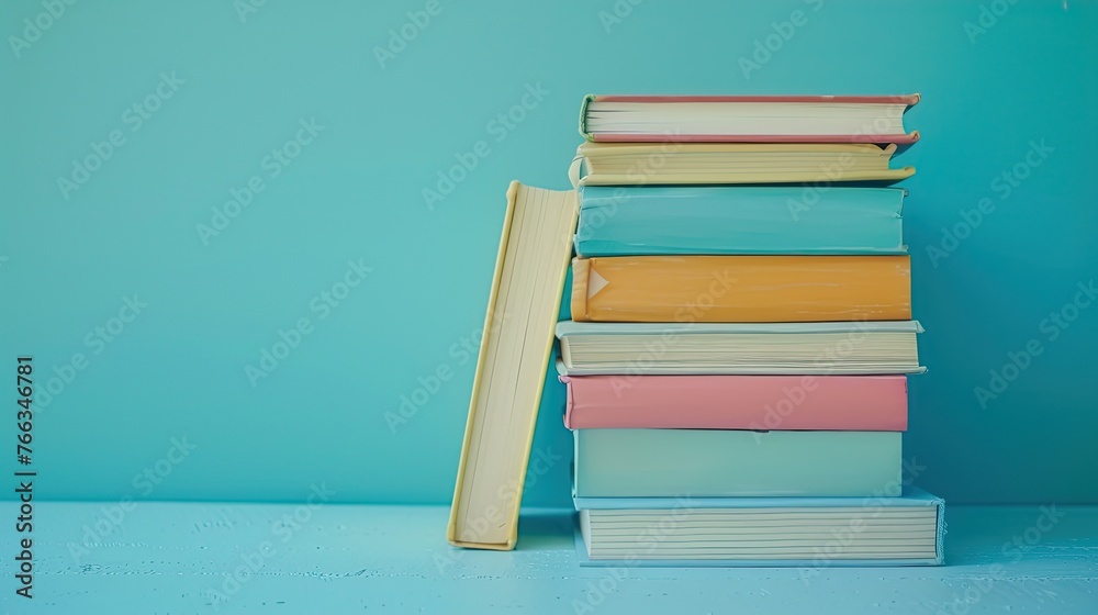 Fototapeta premium commercial photography, color stack of books on a blue background, book day