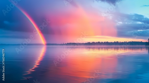 A vibrant rainbow over a calm lake, creating a magical and serene atmosphere in the early morning light.