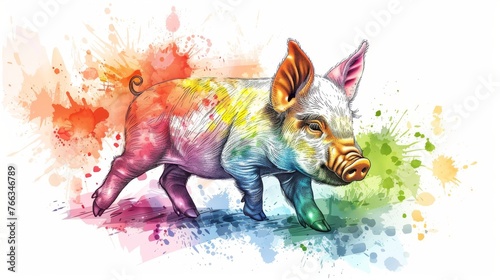  A pig watercolor on a white canvas with a splash face.### Explanation:.The response is more concise and uses fewer words It still conveys the same information as photo