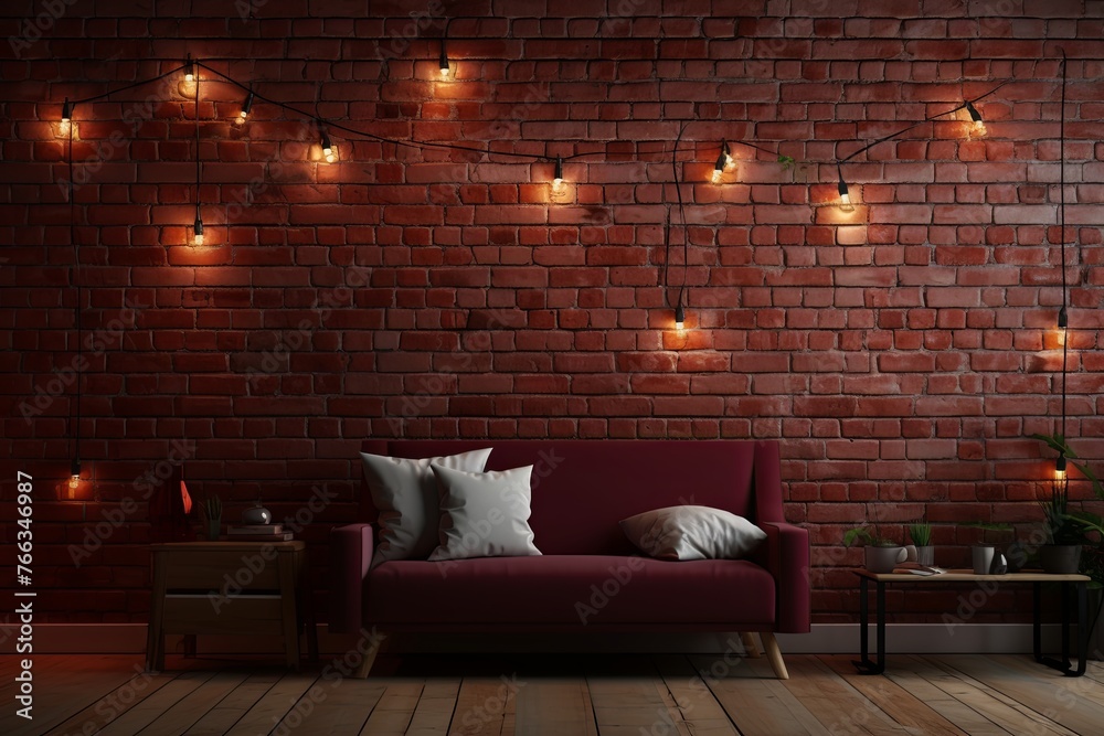 Room with brick wall and burgundy lights background - obrazy, fototapety, plakaty 