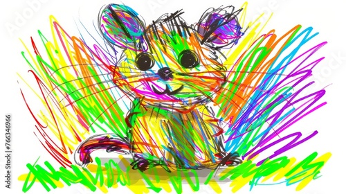  A sketch of a mouse atop a mound of paint splatters against a white backdrop
