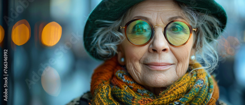 A joyful senior woman smiling kindly with stylish green round glasses and bright eyes