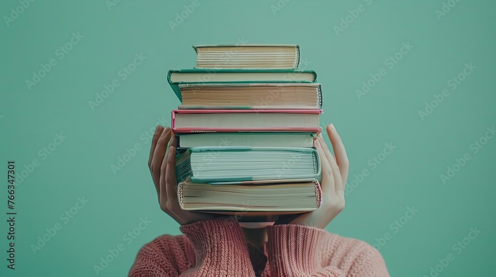 commercial photography, a stack of books holding a man's hands, book day - obrazy, fototapety, plakaty 