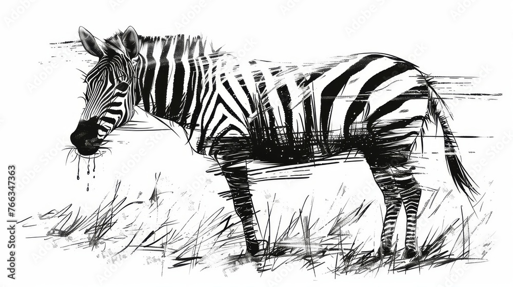 Fototapeta premium Zebra drawing, black & white, grass, field, head turned