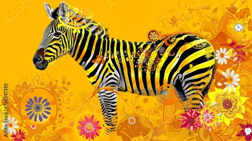  Zebra in Yellow Field with Flowers