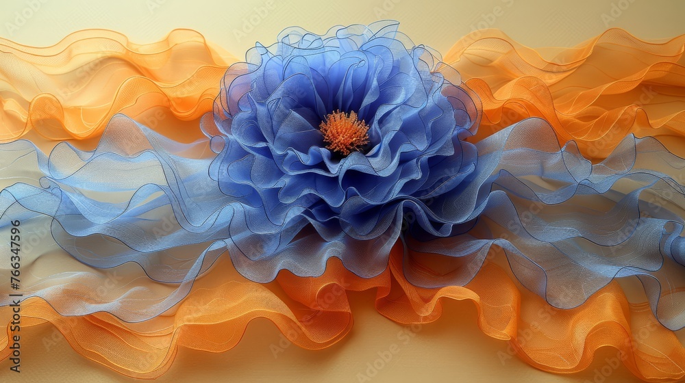  A blue-and-orange flower resting atop a yellow-and-blue cloth covering a cloth piece