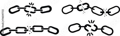 Black broken chain set. Vector, Chain link broken sign on transparent background. Freedom And Separation Concept, Breaking And Demolition Steel Chain. Engraving Template Hand Drawn In Vintage Style