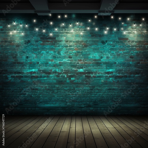 Room with brick wall and cyan lights background