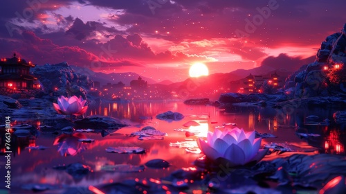  A sunset painting with water lilies in the foreground and buildings in the background