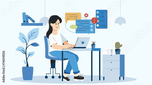 the work the girl work at a laptop. Concept illustration for working, freelancing, studying, education, work from home. vector, flat style