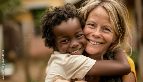 A Caucasian female in her forties hugging a smiling black child