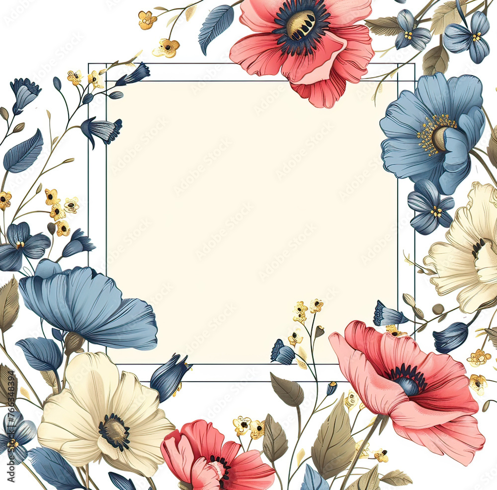 Floral square frame greeting card. Generative AI.