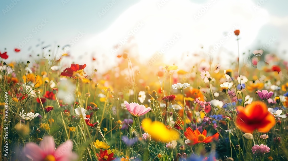 A vibrant field of wildflowers in full bloom, creating a sea of colors beneath a clear and sunny sky.