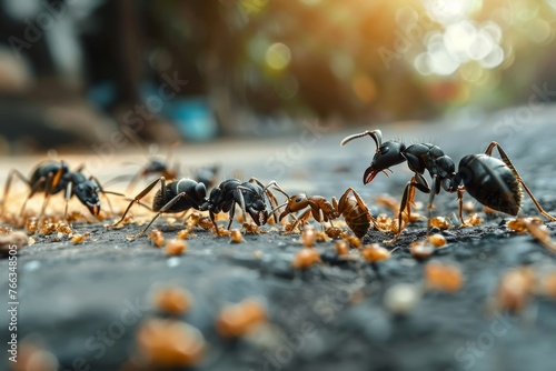 Ants eating termites on the ground. photo