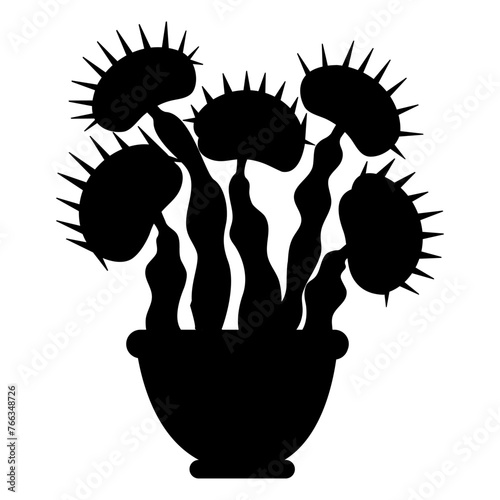 Venus flytrap cartoon vector black illustration isolated on white background. Dionaea muscipula silhouette plant. Carnivorous plant in pot. Venus's flytrap illustration