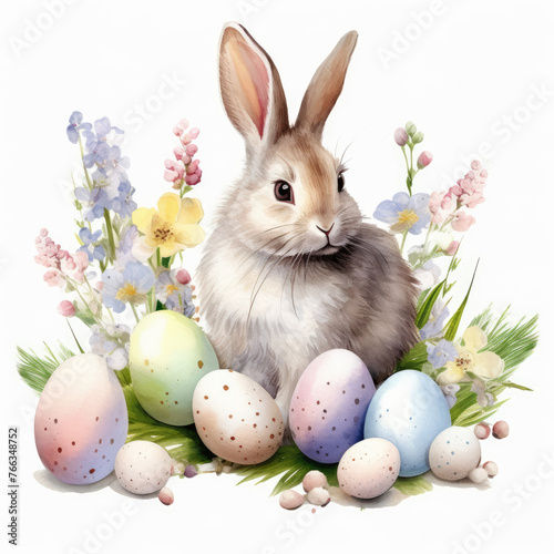 Cute Easter Bunny with Colorful Easter Eggs and Spring Flowers on white background. Watercolor Illustration in pastel color