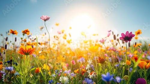 A vibrant field of wildflowers in full bloom, creating a sea of colors beneath a clear and sunny sky.