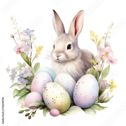 Cute Easter Bunny with Easter Eggs and Spring Flowers on white background. Watercolor Illustration, Vintage Style