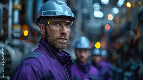 Serious male worker with industrial backdrop - A stern-looking male worker in a purple uniform with a helmet against a blurred industrial setting © Tida