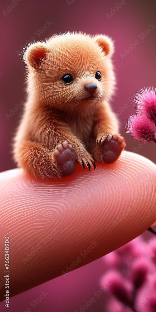 Cuteness. Bear cub perches on human finger, surrounded by pink flowers, creating tender and charming scene. Phone screensaver