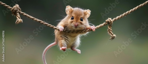  A hamster dangling from a rope with its front paws gripping both ends of its tail