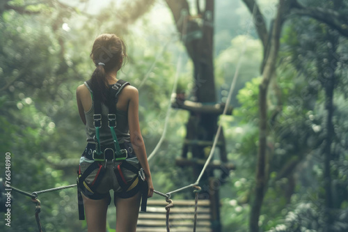 This image captures a woman equipped with harnesses preparing to cross a suspension bridge in a lush green forest. The image highlights the adventurous and exhilarating nature of extreme sports