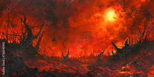 A destroyed landscape after war concept painting of a devastated land by climate change background 3d illustration. Nature s fiery embrace as the sky bleeds into the river framed by a solitary tree.