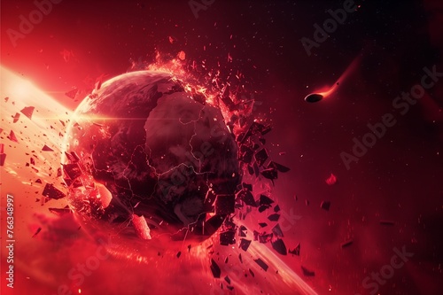 An illustration of a bright red planet Earth floating in space being destroyed from explosion for world end photo